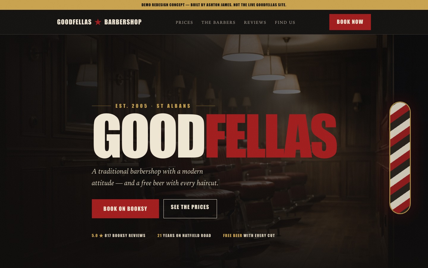 Goodfellas Barbershop homepage — dark heritage design with red and gold detailing, booking button first