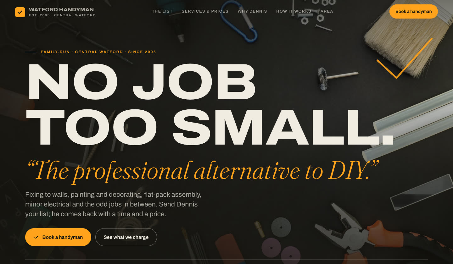 Watford Handyman homepage — 'No job too small' in bold cream type over a dark workbench of tools