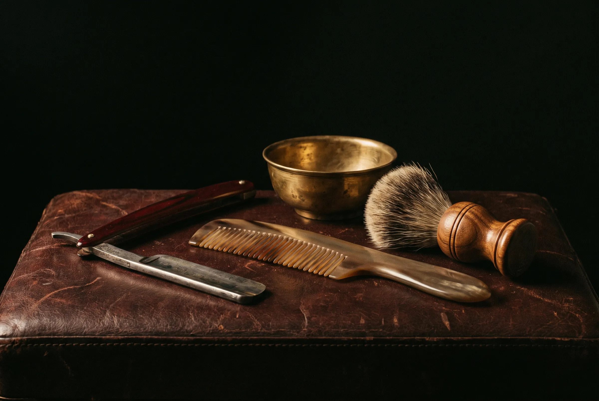 Traditional barbering tools — straight razor, comb, shaving brush and brass bowl on aged leather