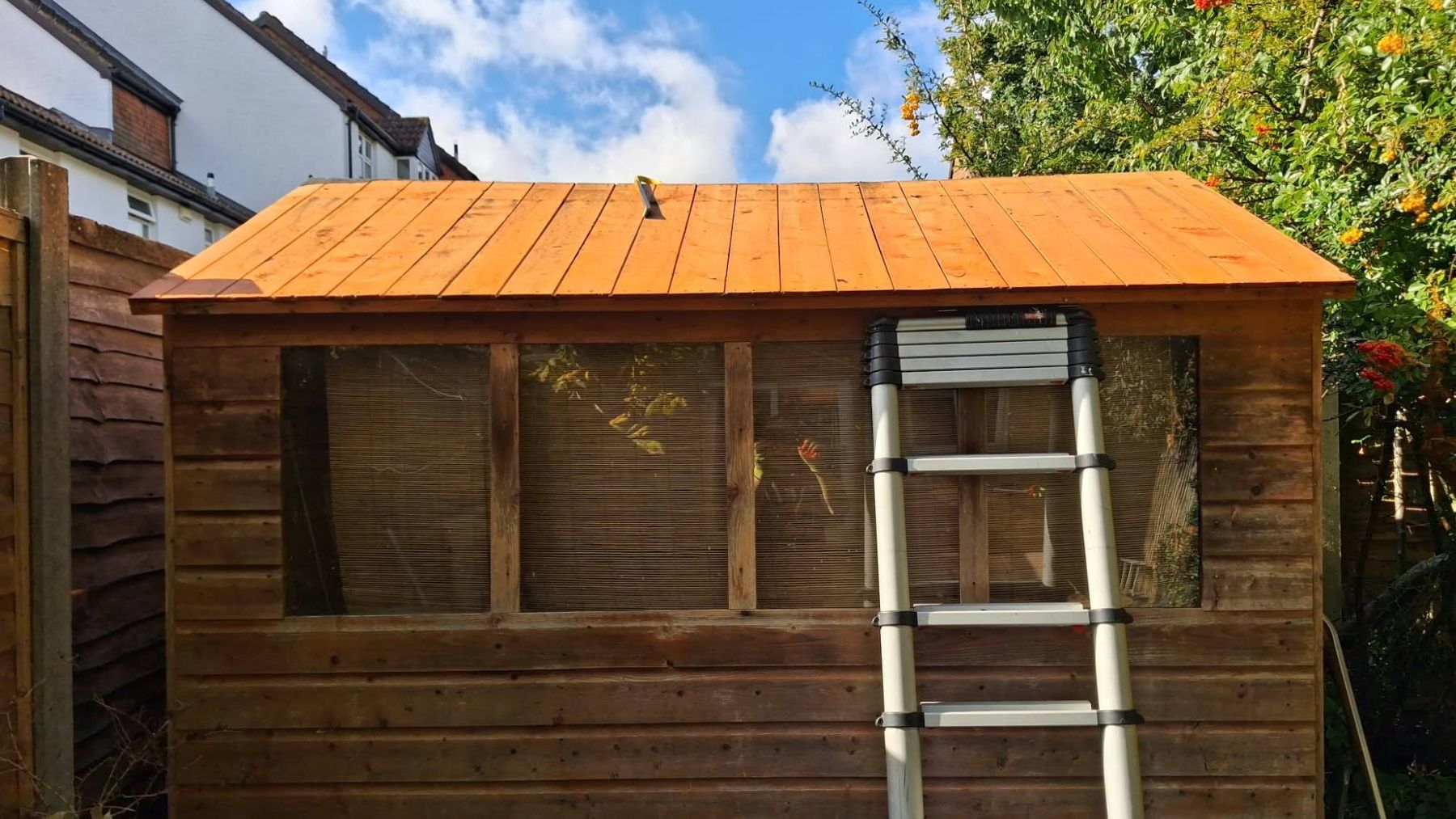Before: the old felt stripped back to bare boards, ladder against the shed